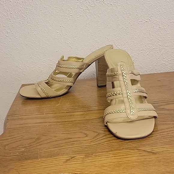 #9 Tan Slide-On Sandals with Block Heel & Gold Accents 10 - Picture 2 of 14